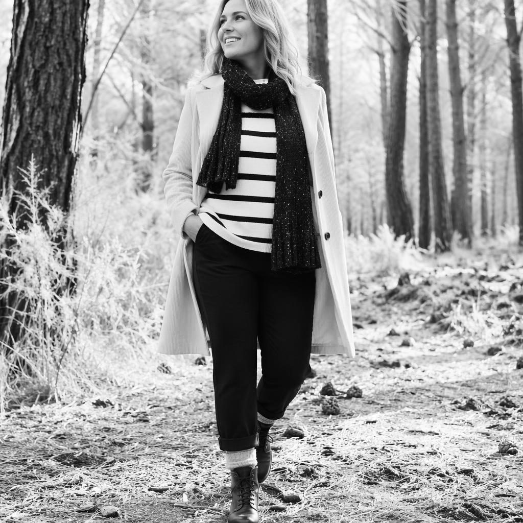 Modèle en tenue du catalogue blancheporte noël 2022, posé en forêt, photo de mode éditoriale en noir et blanc.