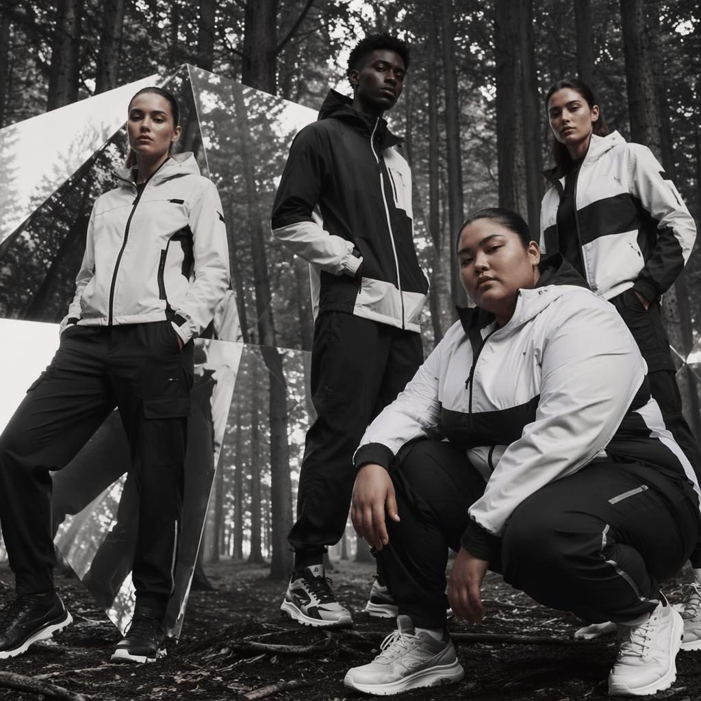 Black and white editorial fashion lookbook with a generic model in a forest, bold futurist styling and natural pose.