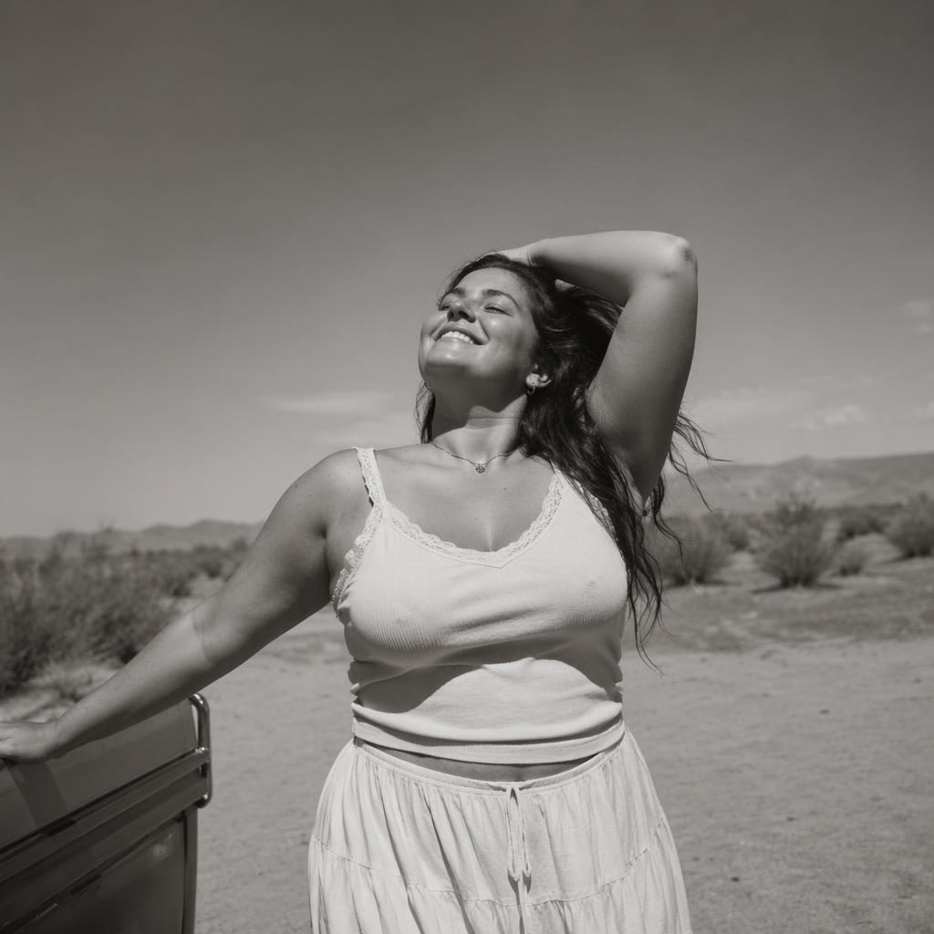 Black and white editorial fashion photo of a model in a coastal grandmother outfit posing candidly in a desert setting