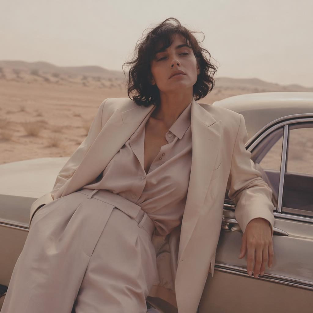 Editorial fashion model in a vintage 70s outfit standing in a pastel-toned desert with a quiet, intimate mood.
