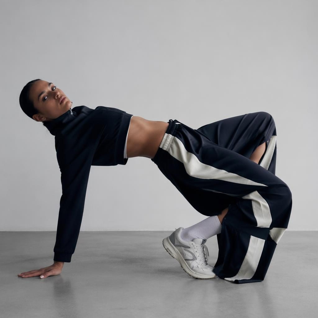 Generic model in sportswear posing naturally in a minimalist white studio with dark moody lighting and bold contrast.