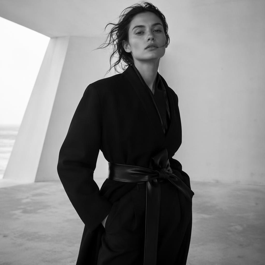 Modelo genérica en espacio blanco minimalista, look editorial futurista en blanco y negro, pose natural y segura