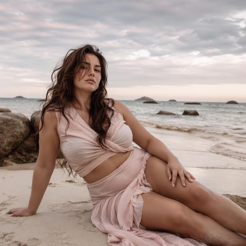 Editorial fashion model on a beach in a pastel Y2K-inspired lookbook scene with soft light and a luxurious romantic mood.