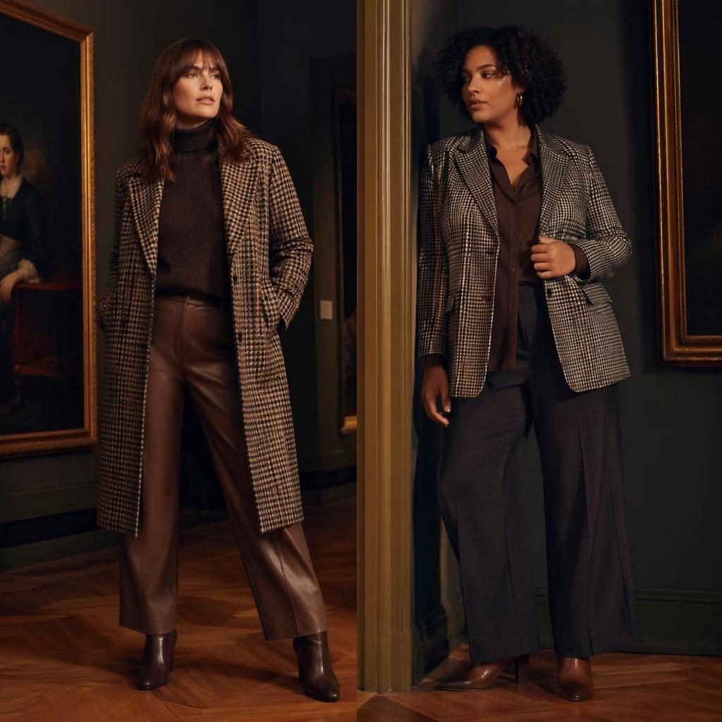 Modèle en tenue automne-hiver style dark academia dans une galerie d’art, lumière magazine et palette terre chaude.