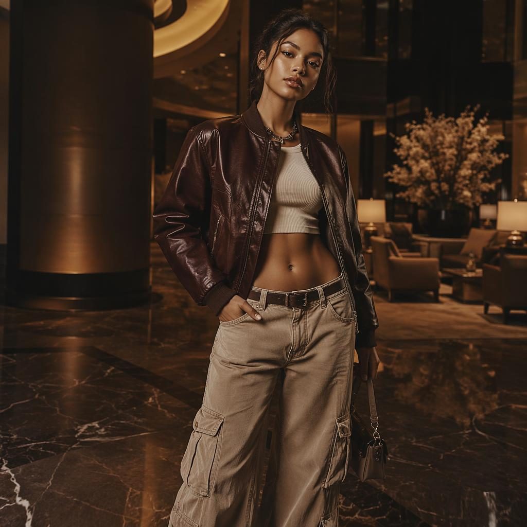 Editorial fashion model in a luxury hotel lobby with a dark moody y2k look and warm earth-toned styling