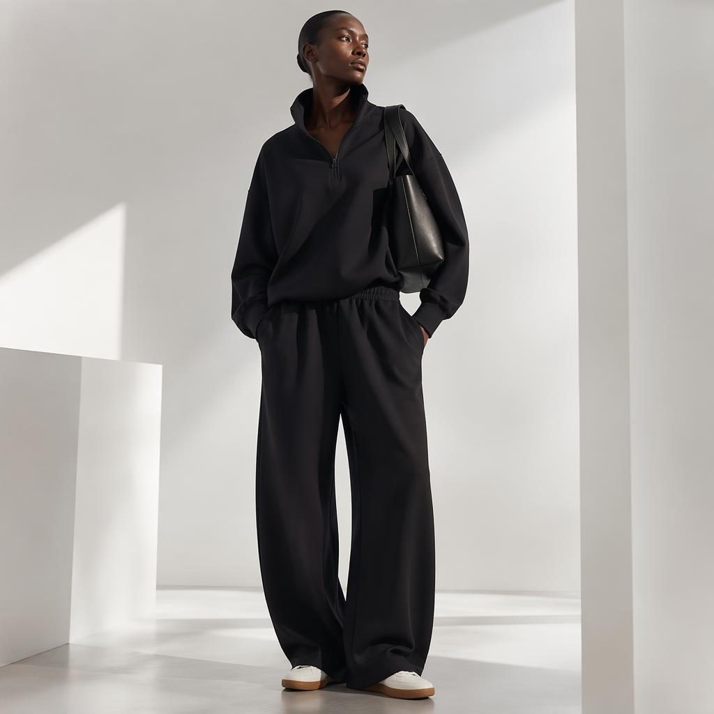 Editorial fashion model in a minimalist white space wearing a sleek athletic look with soft dreamy lighting