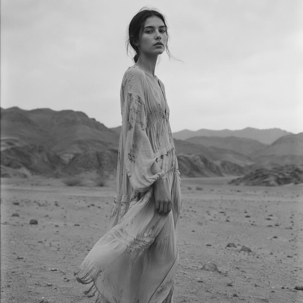 Modelo genérica con vestido bohemio fluido en el desierto, retrato editorial en blanco y negro con pose natural