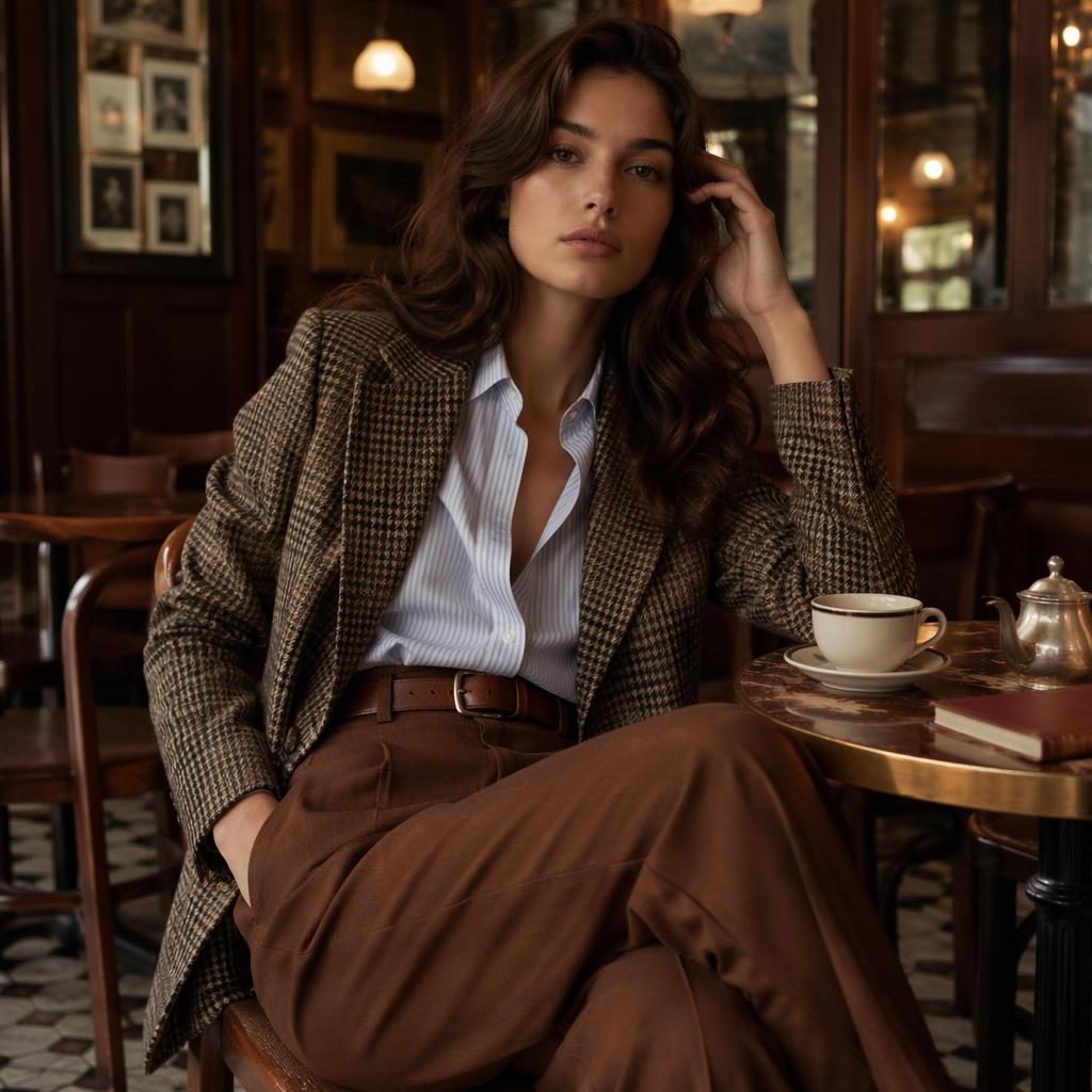 Modèle en tenue de photographe fashion dans un café vintage, ambiance preppy old money aux tons rouille d’automne.