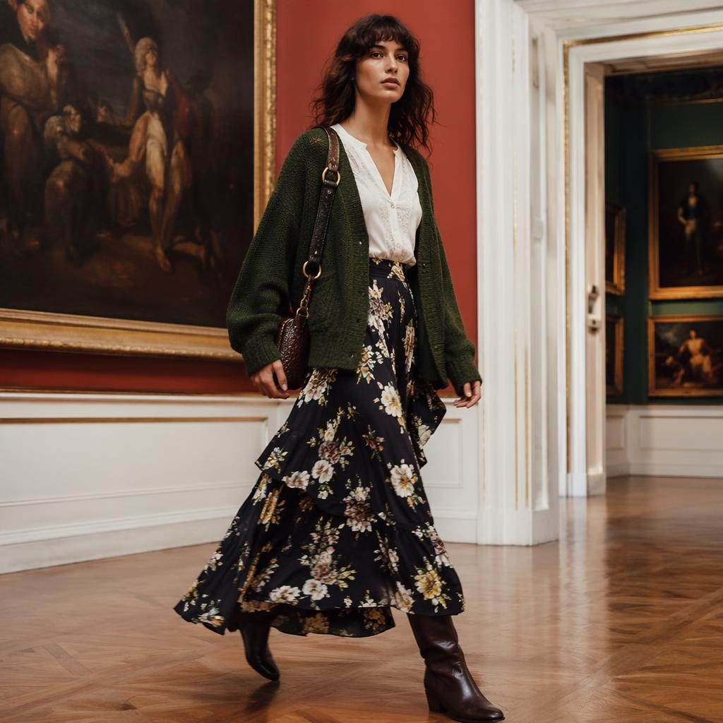 Model in a cottagecore-inspired editorial outfit posing naturally inside a modern art gallery with bold lighting.