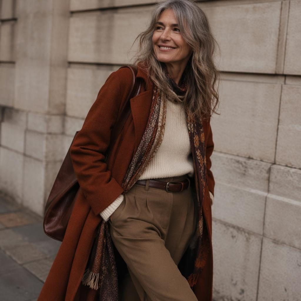 Editorial fashion model on an urban street in a coastal grandmother outfit, candid pose, autumn rust tones.