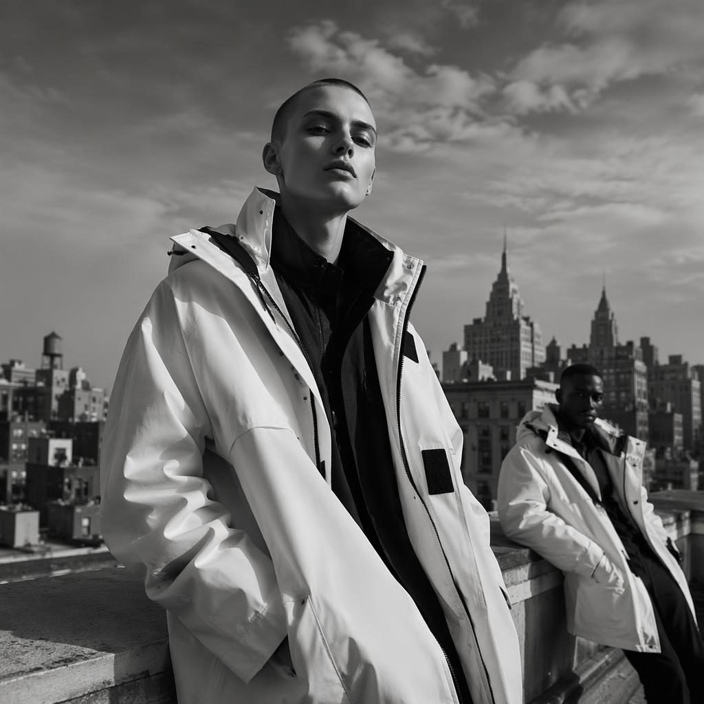 Black and white fashion lookbook photo of a generic model in streetwear on a city rooftop, bold editorial pose.