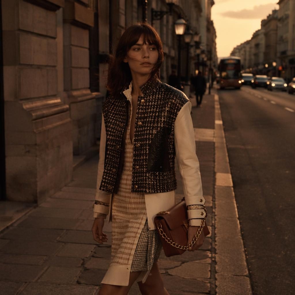 Model in a dark academia outfit on an urban street at sunset, captured in a moody editorial fashion lookbook style.