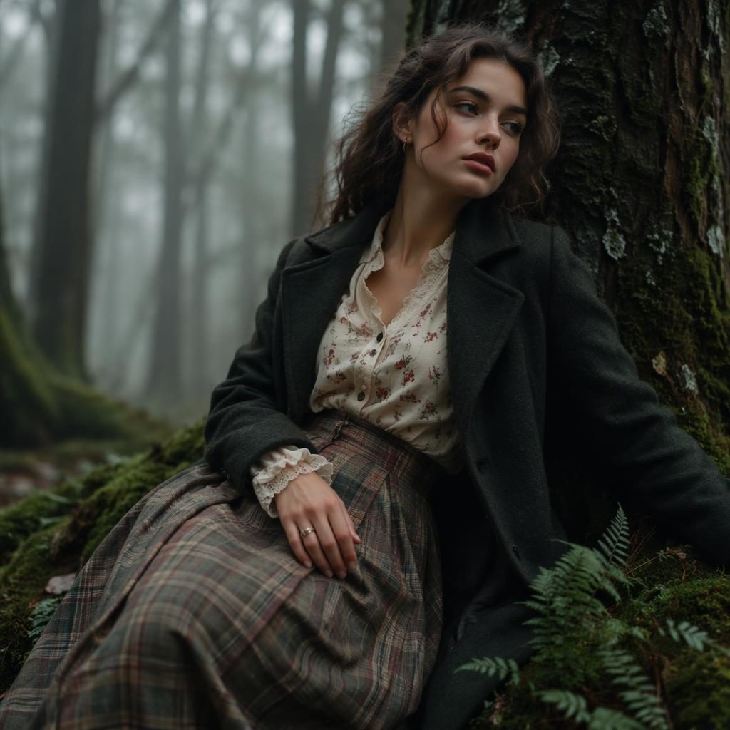 Editorial fashion model in a forest with a dark academia look, pastel romantic tones, and a quiet intimate mood