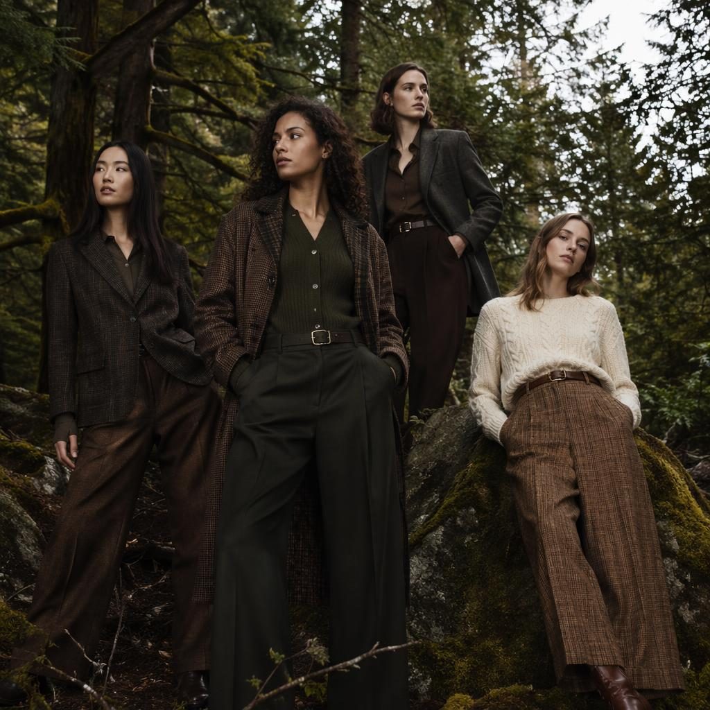 Editorial fashion model in a dark academia outfit standing in a high-contrast forest with bold magazine lighting