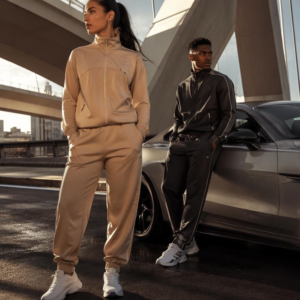 Model in a futuristic tracksuit on an urban street at sunset, posed naturally in warm editorial lighting.
