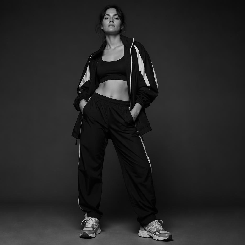 Black and white studio fashion lookbook image of a model in athletic sportswear, posed naturally in moody lighting.