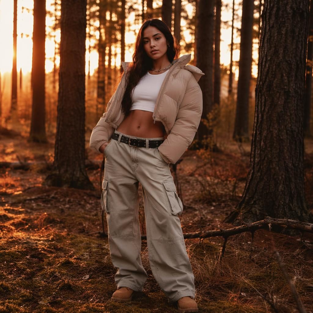 Editorial-Modefoto eines Models im Y2K-Outfit im Wald bei Sonnenuntergang mit warmer Lichtstimmung und selbstbewusster Pose