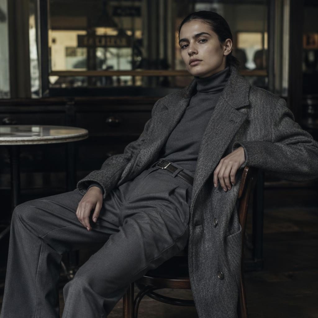 Editorial fashion model in a futurist outfit posing naturally inside a vintage cafe with cool gray tones and soft lighting