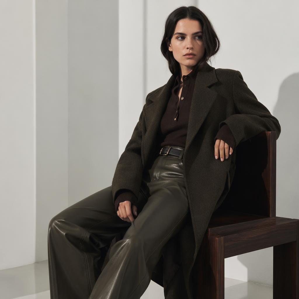 Editorial fashion model in a dark academia-inspired outfit posed in minimalist white space with bold high-contrast lighting