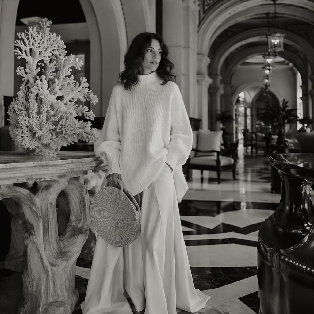 Black and white fashion lookbook image of a model in a coastal grandmother inspired outfit posing in a luxury hotel lobby.