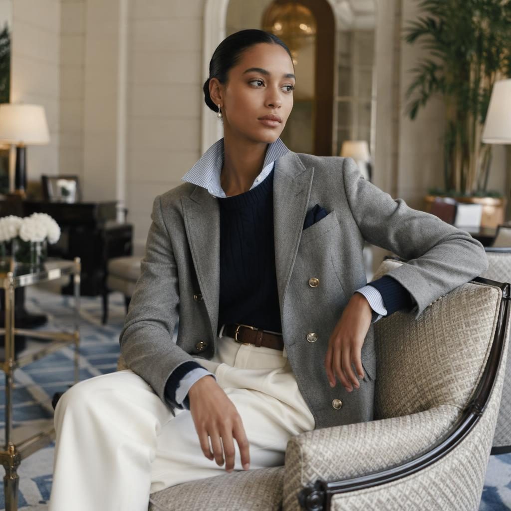 Editorial fashion model in an old money preppy outfit standing naturally in a luxury hotel lobby with a cool gray palette.