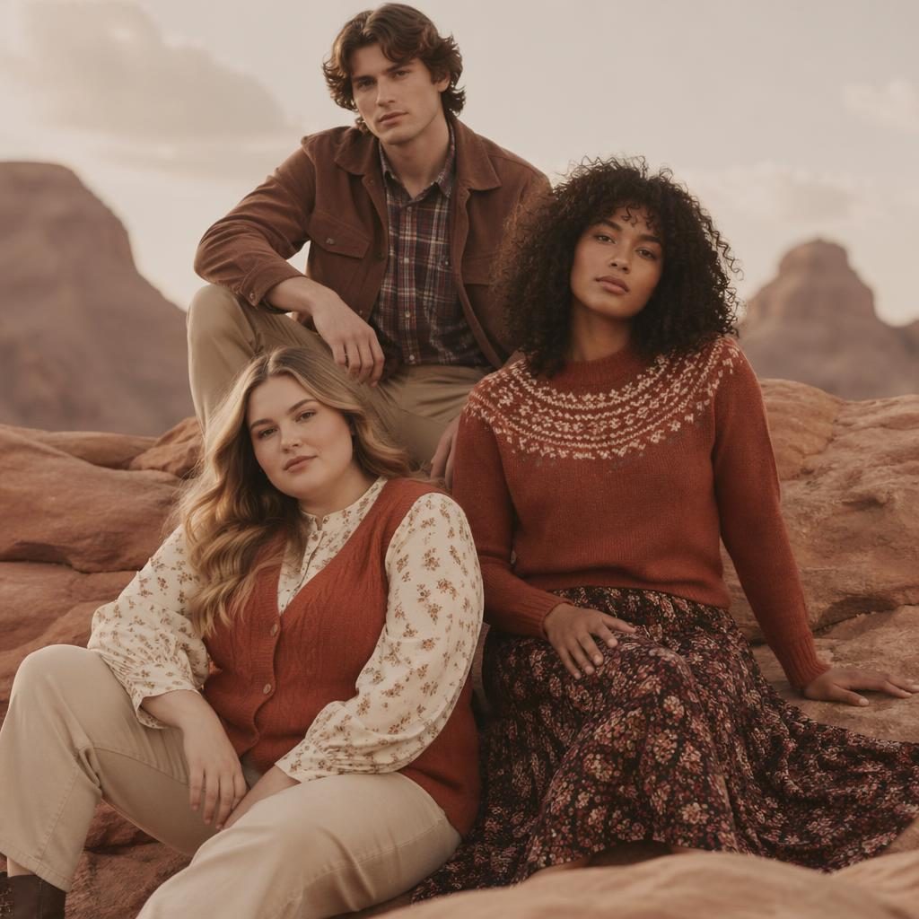 Editorial fashion model in a cottagecore outfit posing in a soft dreamy desert scene with autumn rust tones.