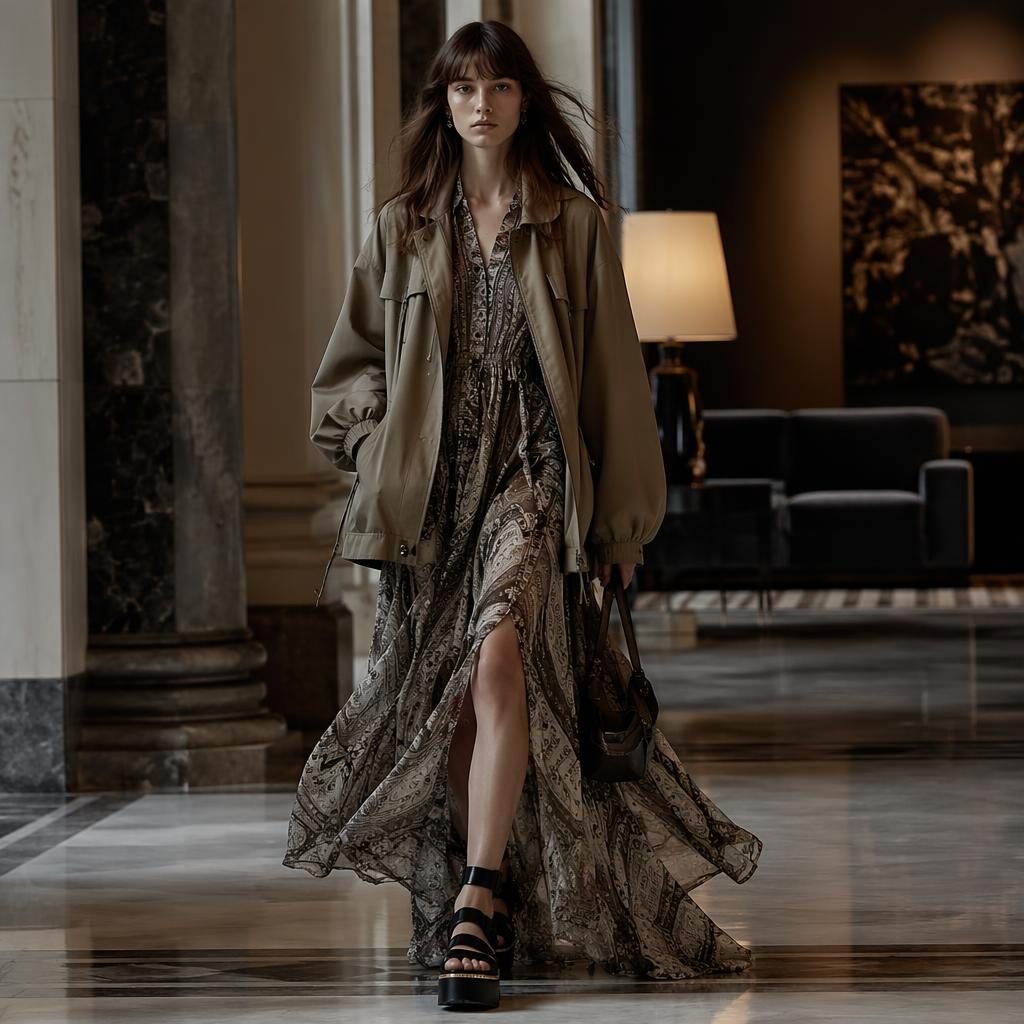 Editorial fashion model in a flowy bohemian sacai lookbook outfit posed in a dark, moody luxury hotel lobby.
