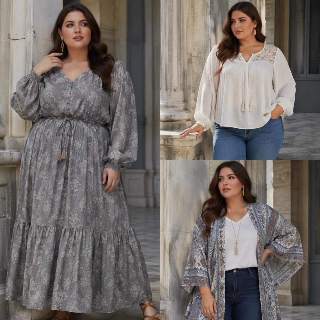 Generic model in a flowy bohemian outfit posing naturally at an architectural building in a cool gray editorial lookbook scene.