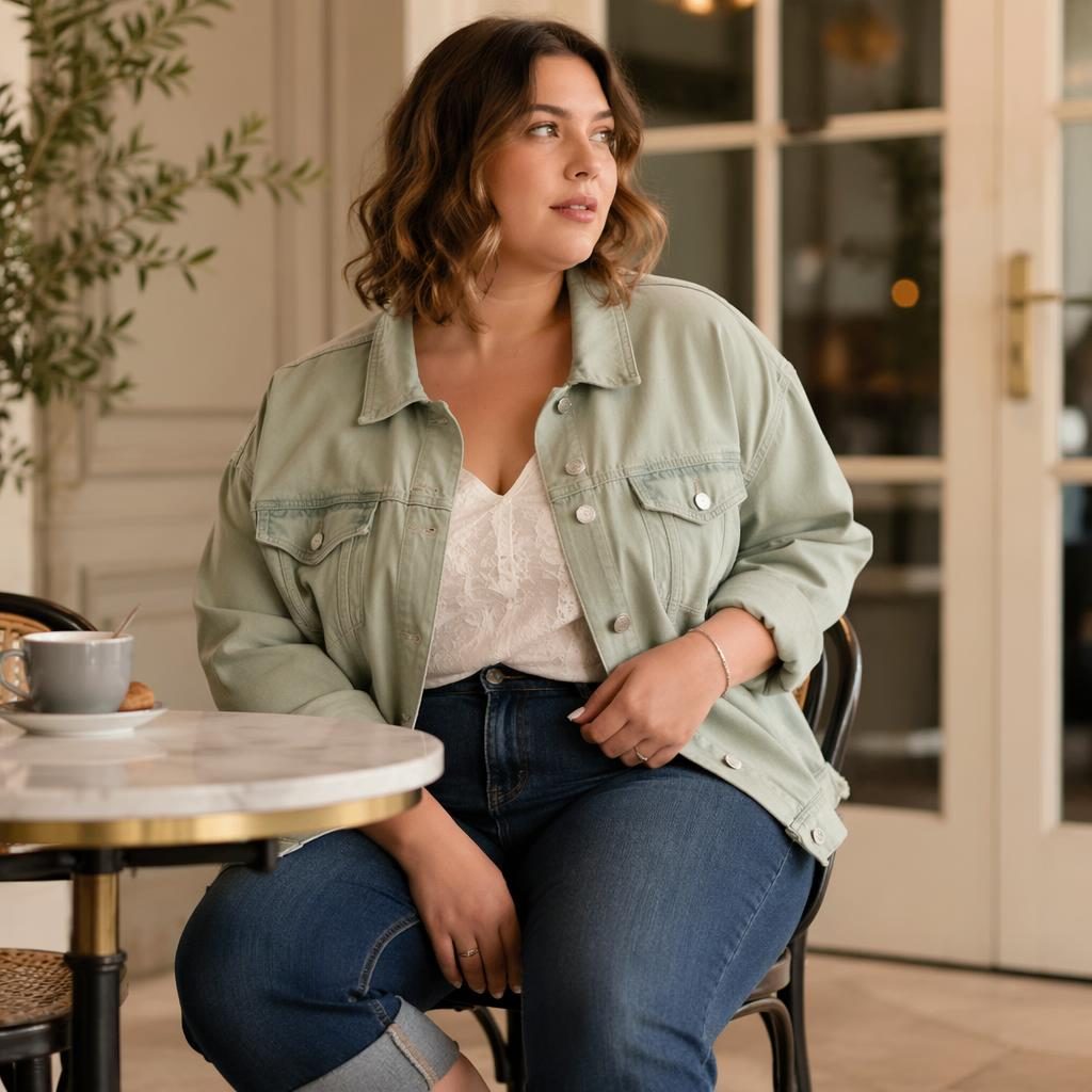 Modèle en tenue streetwear urbaine dans un café vintage, lumière douce, palette pastel et ambiance intime.