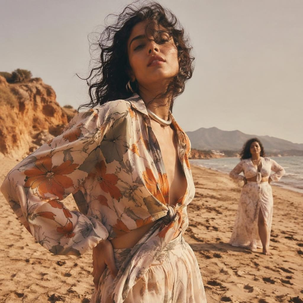 Editorial fashion model on a beach at sunset in a vintage 70s-inspired outfit, playful candid pose, warm light
