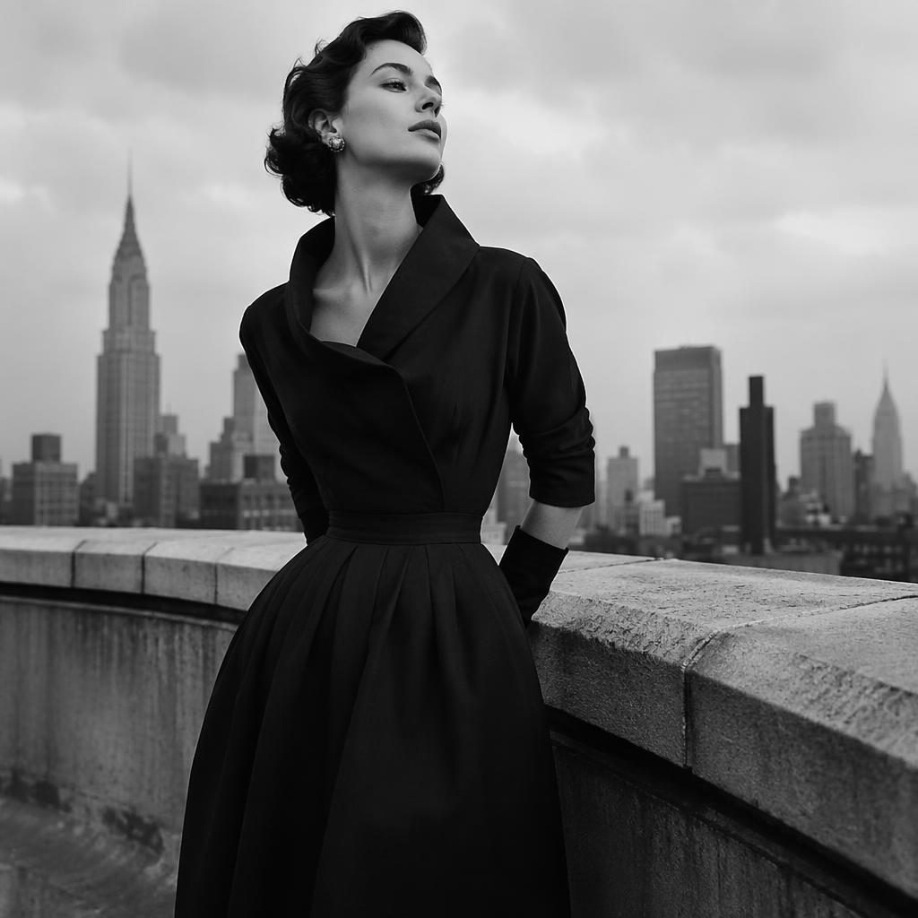 Black and white editorial fashion model on a rooftop in a dark moody city setting with high fashion runway styling