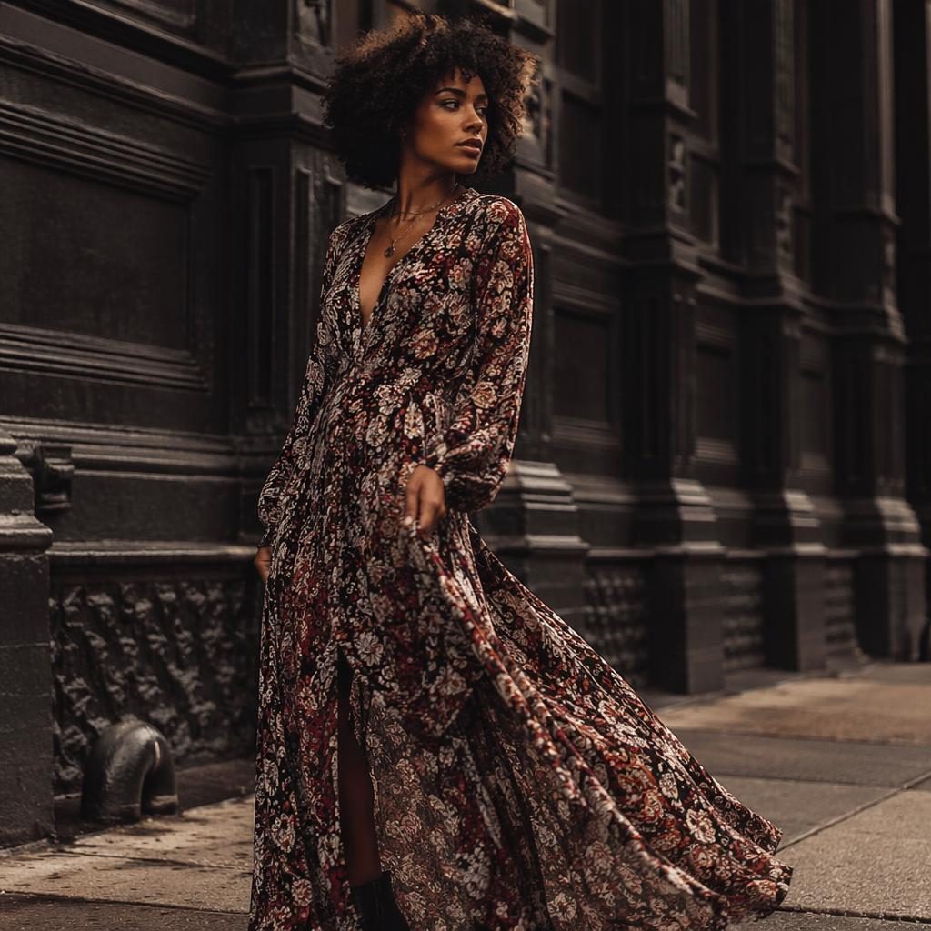 Editorial fashion model in a flowy bohemian outfit on a dark urban street, moody lighting and bold high contrast.