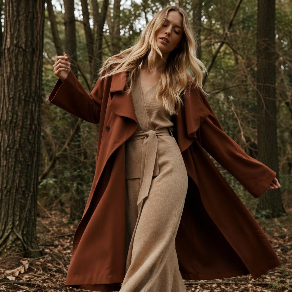 Editorial fashion model in a forest, candid pose, warm earth-toned outfit, magazine-style lighting and runway feel.