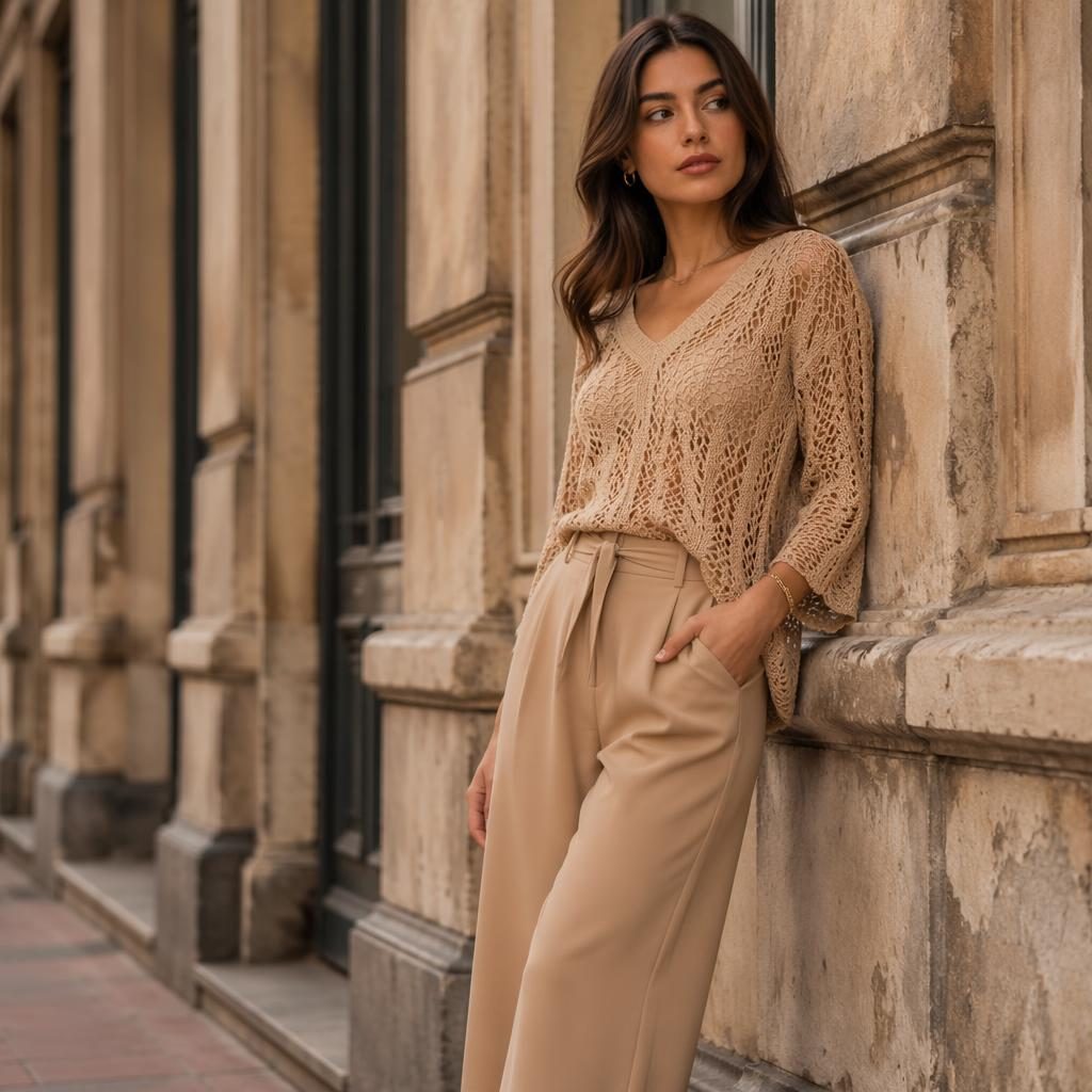 Model in a minimalist cklass fashion line outfit standing on a quiet urban street in warm earth tones
