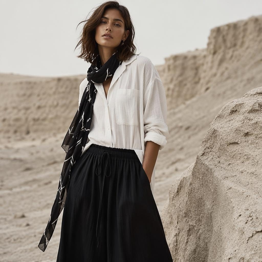 Black and white fashion lookbook image of a model in a desert, styled in a high-fashion runway look with a confident pose.