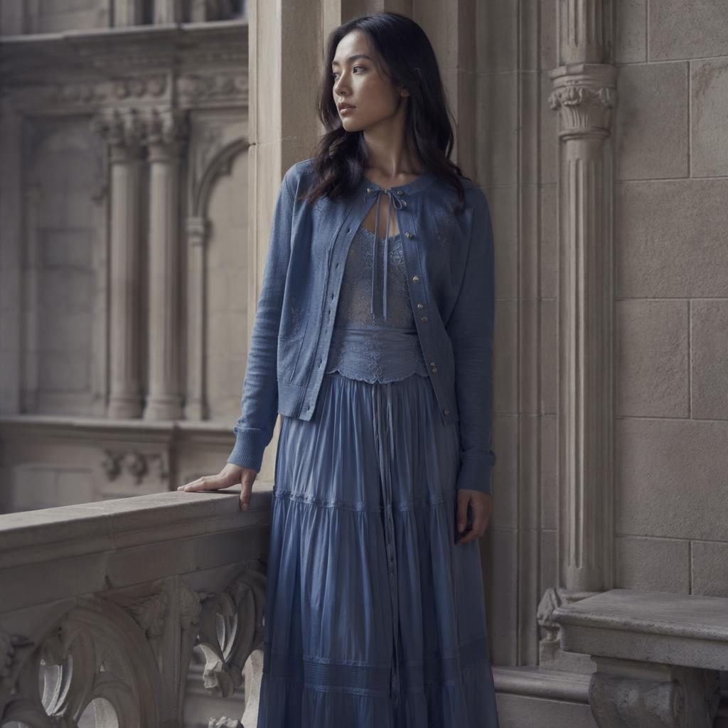 Editorial fashion model in storybook-inspired heirloom clothing inside an architectural building, cool gray palette, quiet mood
