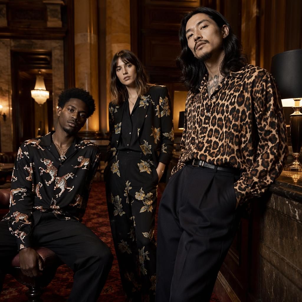 Editorial fashion model in a dark academia outfit standing naturally in a luxury hotel lobby with bold high-contrast lighting.