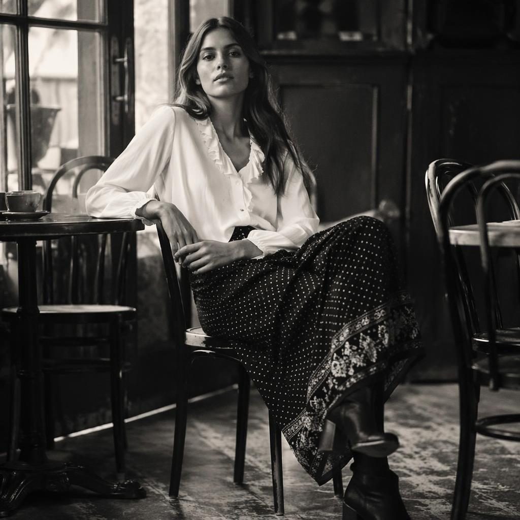 Black and white fashion lookbook photo of a model in www countrystorecatalog com clothing inside a vintage cafe.