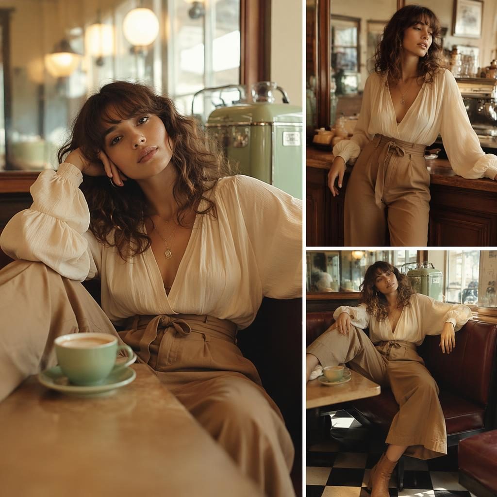 Modelo con look bohemio fluido en café vintage, posa de forma natural con tonos neutros y ambiente editorial retro.