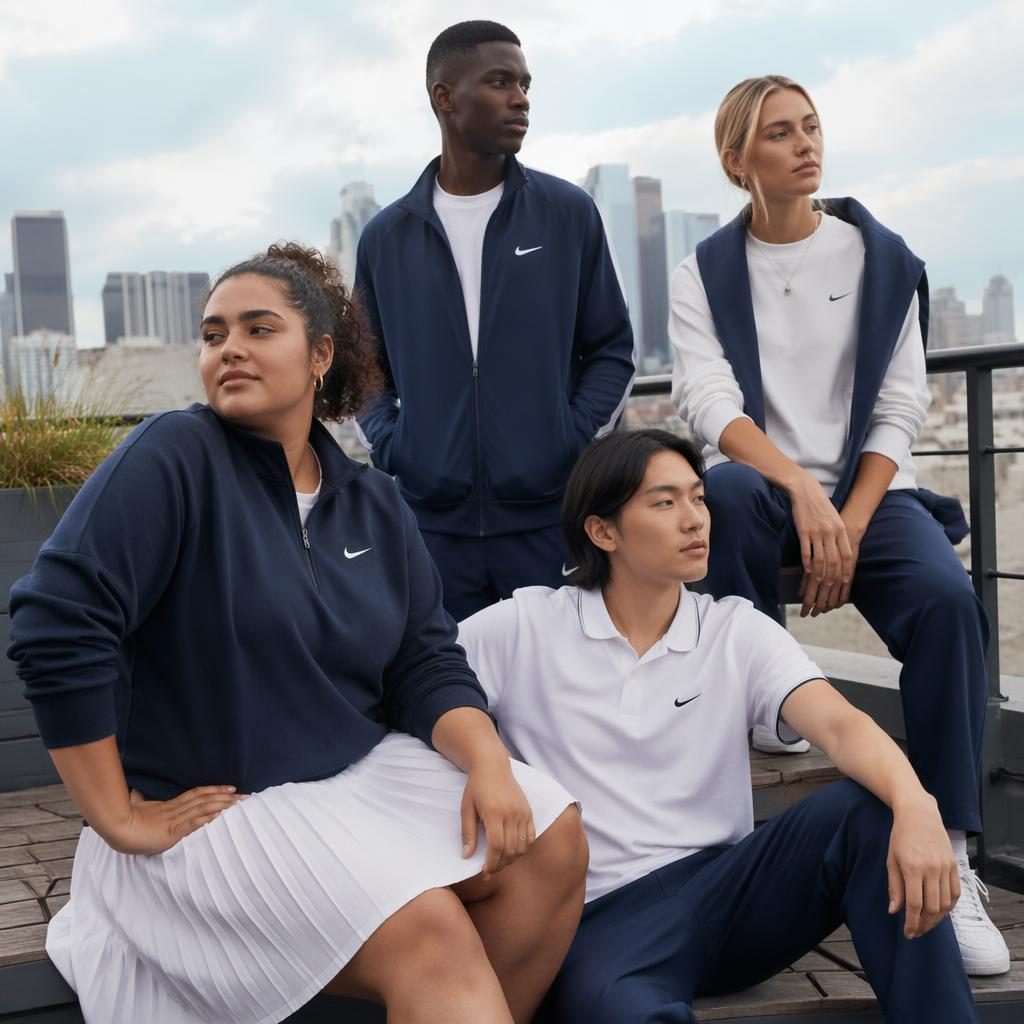 Editorial fashion model in sporty team apparel on a city rooftop with a dreamy soft mood and bold high-contrast colors.