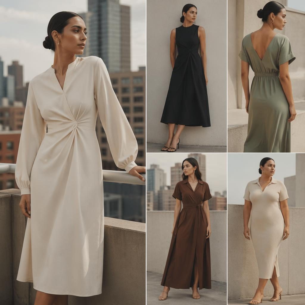 Model in a muted neutral dress on a city rooftop, posed naturally in a quiet futurist editorial fashion scene.