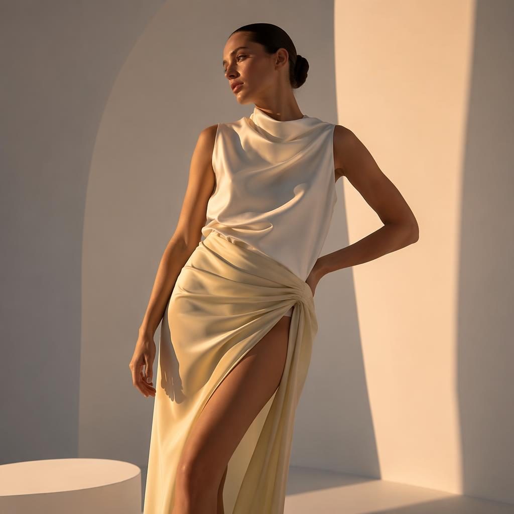 Model v módním outfitu ve futuristickém stylu pózuje v minimalistickém bílém prostoru v teplém světle západu.