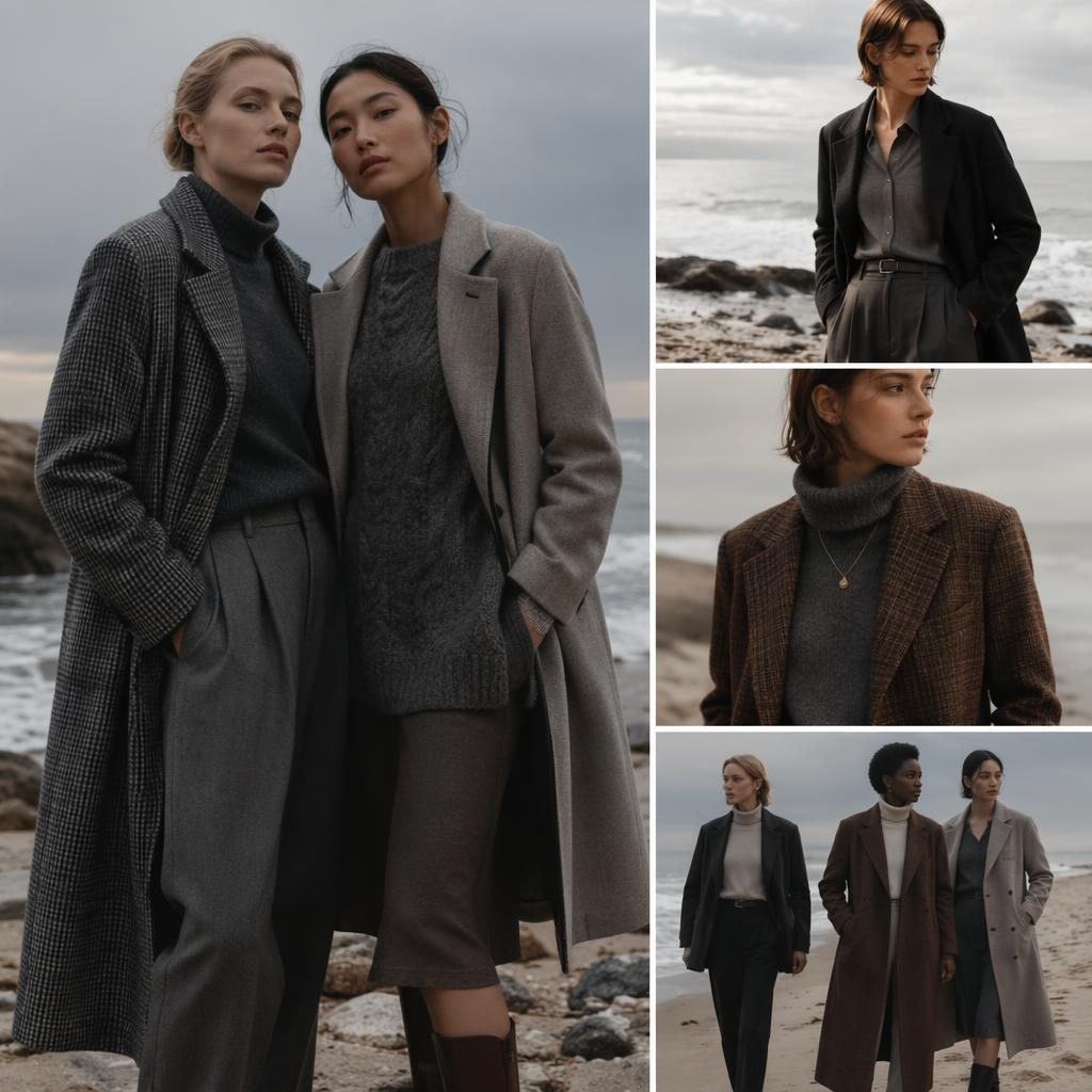 Modèle en tenue camaïeu sur une plage, style dark academia, pose naturelle, lumière éditoriale gris froid.
