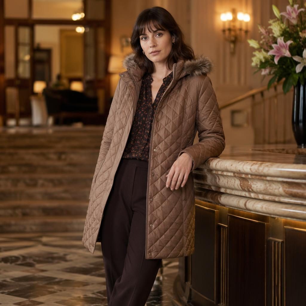 Modèle en manteau femme style grunge chic dans le lobby d’un hôtel de luxe, lumière douce et palette terre chaude.