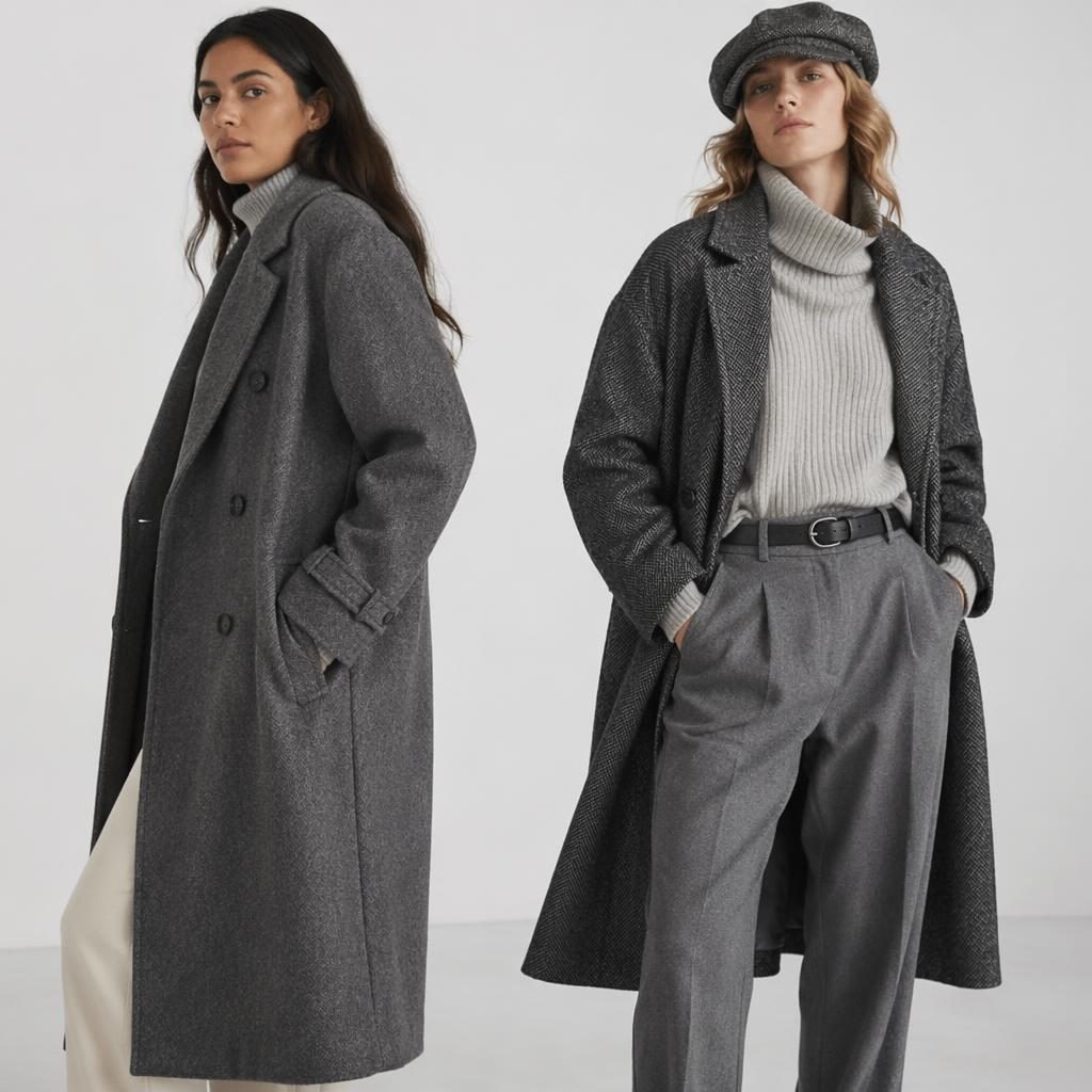 Model in early winter clothing poses in a minimalist white studio with a cool gray palette and vintage 70s editorial styling.