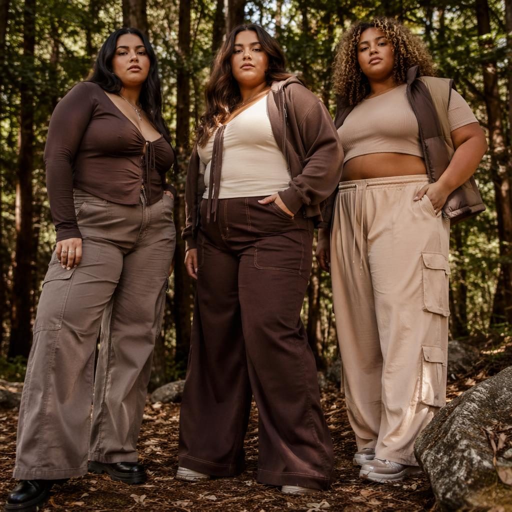 Plus size model in a Y2K-inspired fashion lookbook pose in a forest with warm earth tones and bold editorial lighting.