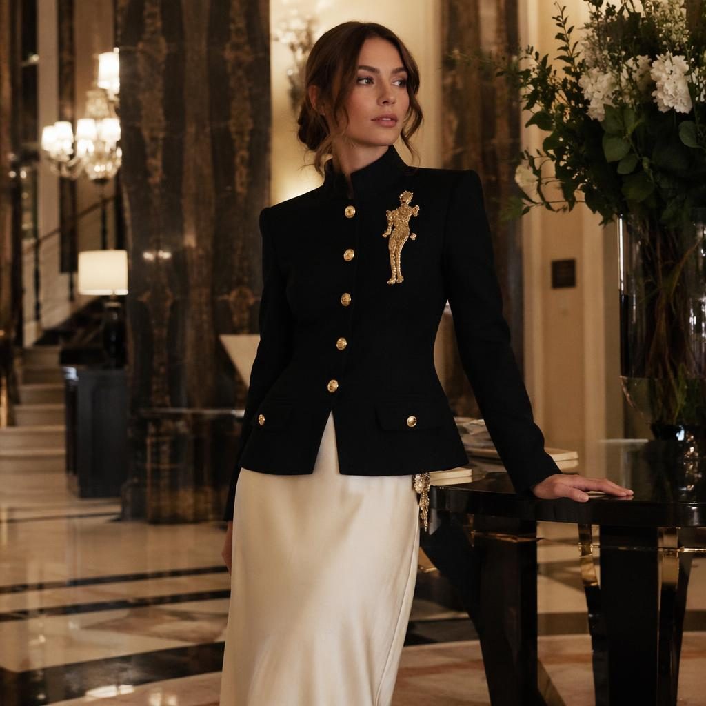 Fashion model in a Schiaparelli-inspired editorial look posing naturally in a luxury hotel lobby with warm earth tones
