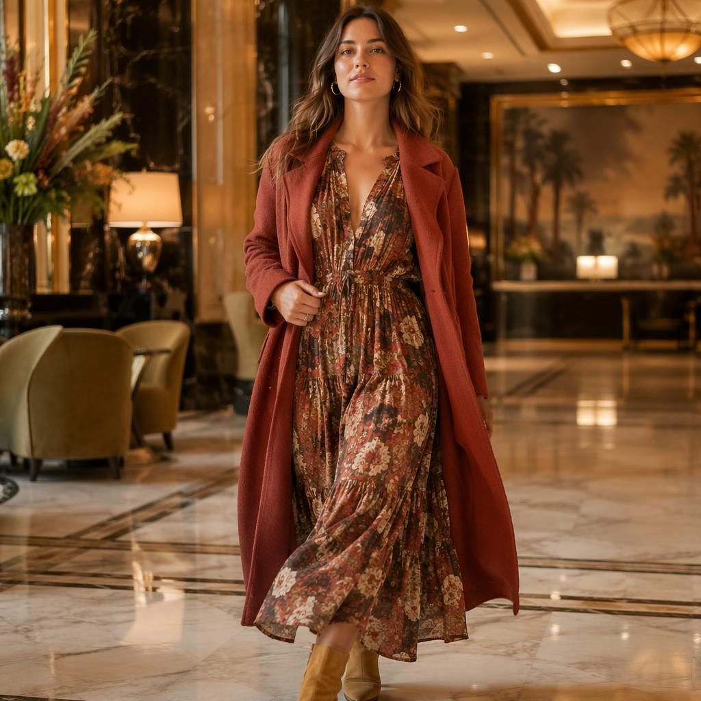 Editorial fashion model in a bohemian flowy autumn lookbook outfit posing naturally in a luxury hotel lobby.
