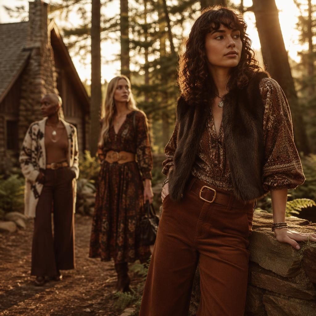 Model in sundance clothes sale outfit standing in a forest at sunset, styled in dark academia fashion with a cool pose