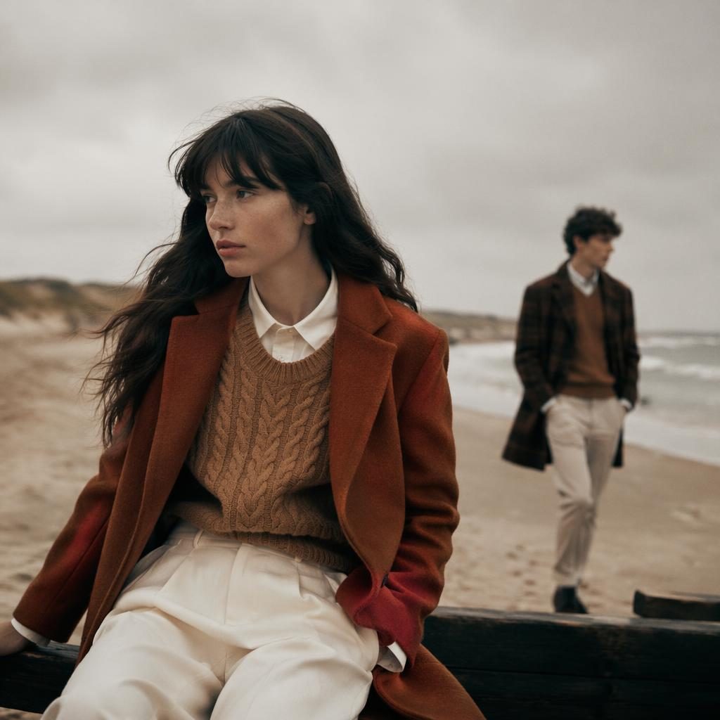 Editorial fashion model on an autumn-toned beach in an old money preppy outfit with dreamy soft magazine lighting